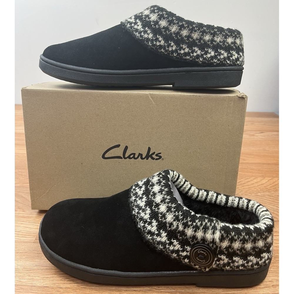 Clarks Sweater Clog Suede Slippers Women's Size 11 in Black Indoor/Outdoor NEW